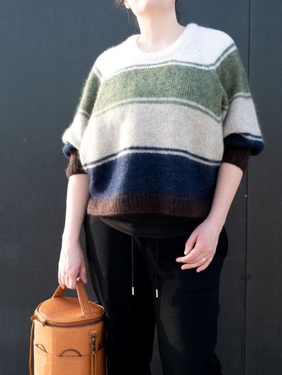 Knitting pattern featuring Zuzu sweater with five color blocks and thin stripes