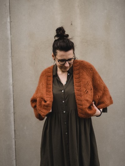 Cherry Blossom cardigan knitting pattern full length front view by Ruke Knit