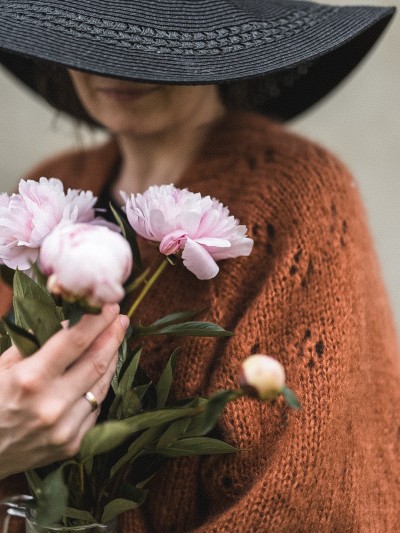 Cherry Blossom cardigan knitting pattern styled with black hat by Ruke Knit