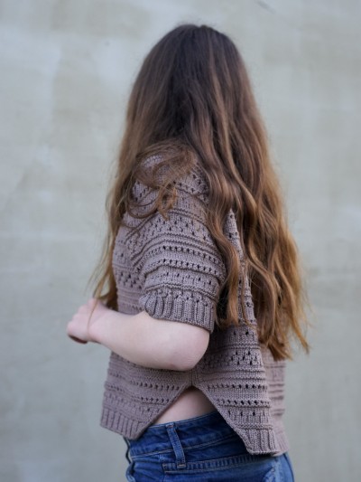 Yoga Summer sweater knitting pattern side slit detail on model