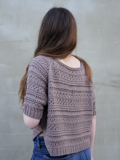 Yoga Summer sweater knitting pattern back view on model