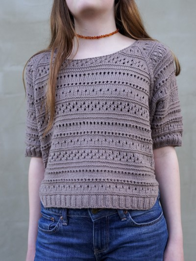 Yoga Summer sweater knitting pattern front view with textured stitch detail