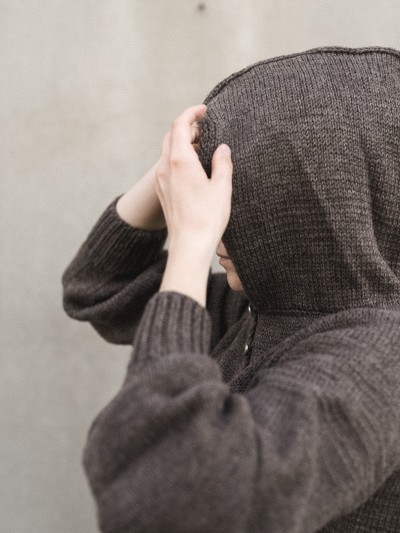 Autumn Hooded cardigan knitting pattern side close-up of hood and sleeve