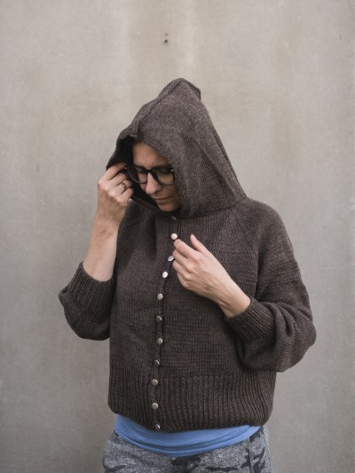 Autumn Hooded cardigan knitting pattern front view with hood on