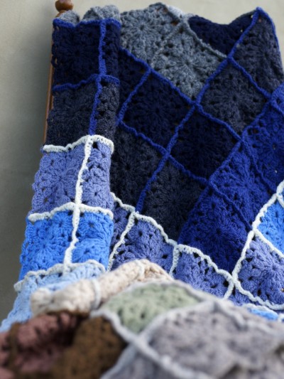 Grandma’s Crocheted Blanket crochet pattern front detail with blue and grey Flower Squares