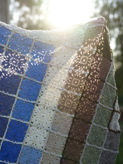 Grandma’s Crocheted Blanket crochet pattern sunlight detail showing colourful wool squares