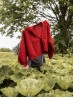 Red Ruke Moon cardigan knitting pattern held up outdoors above green leaves