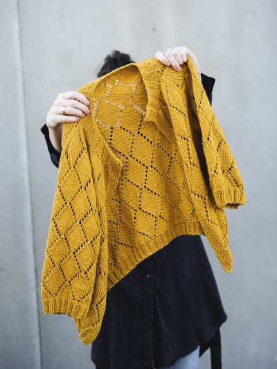 Inside view of the Diamond Cardigan knitting pattern showing its lace construction