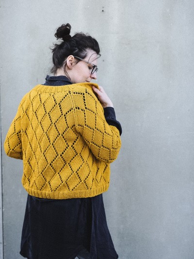 Diamond Cardigan knitting pattern by Ruke Knit with back lace and raglan detail